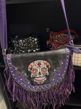 Purple Fringe Shoulder Bag with Decorative Sugar Skull